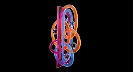 Abstract composition of colorful intertwined shapes on black background
