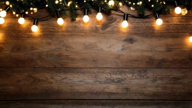 Warm festive lights and evergreen boughs border a rustic wood plank background, perfect for seasonal greetings and announcements.