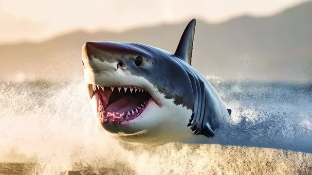 Great white shark with mouth open jumps out of the ocean wave, teeth sharp and menacing, splashing water droplets, seascape against the sunlight