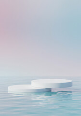 Serene Presentation Stage: Two elegant, minimalist circular platforms float gracefully on a tranquil, rippling water, creating a sense of calm and showcasing a product in a clean, serene setting. 