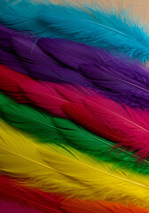Rainbow of Feathers: A vibrant display of colored feathers arranged in a spectrum of hues, showcasing the delicate texture and natural beauty of avian plumage.