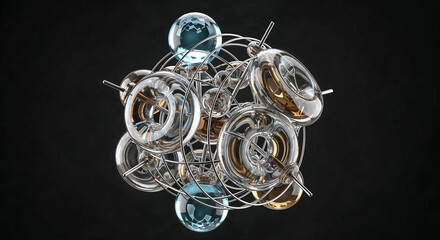 Complex glass and metal structure rotating on black background