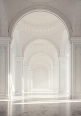 Elegant White Archway Hallway: A serene and elegant hallway with a series of white arches and columns, bathed in soft natural light, creating a sense of grandeur and serenity. 