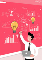 Bright Idea: Businessman sketching a bright idea on a red board with graphs and charts around it.
