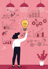 Businesswoman with Idea: A creative businesswoman, seen from behind, touches a glowing lightbulb amidst a flurry of financial charts and diagrams on a pink wall.