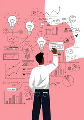 Strategic Blueprint: An individual in a smart attire meticulously outlines an intricate strategy, brainstorming with illuminated light bulbs and insightful infographics.