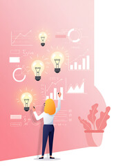 Idea Generation and Analysis: A visionary figure, the female entrepreneur, standing before a visual tapestry of illuminating ideas, igniting the spark of innovation.