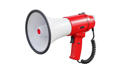 Red and white megaphone amplifying sound on white background