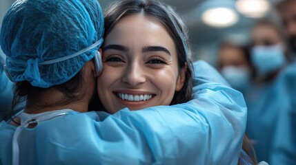 A patient embracing their family after waking up from a successful surgery 