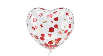 Heart shaped balloon floating with red and gold confetti inside on white background