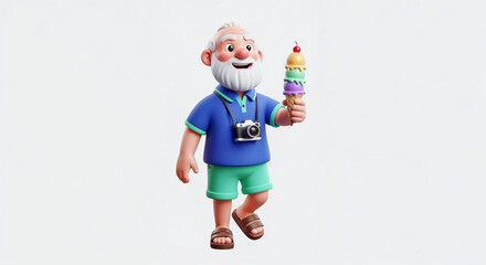 Senior tourist walking and holding ice cream, enjoying summer vacation