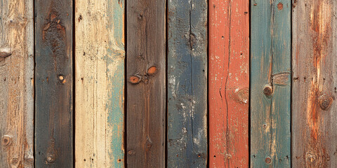 Fototapeta premium A vibrant image showcasing a rustic wooden plank background with various colors and textures.