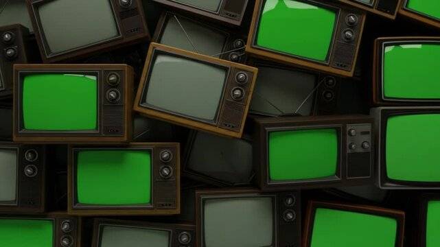 Pile of Vintage TV Sets with Green Screens: A sea of vintage televisions, their screens replaced with vibrant green, forms an intriguing pattern, offering a fresh take on technology and communication.