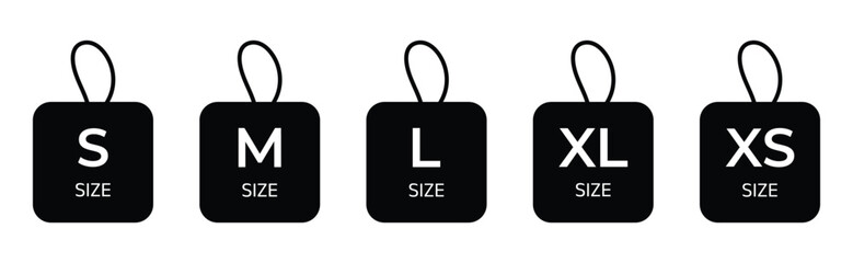Clothing Size Labels Icon Set – XS to XXL Vector Tags Collection.
