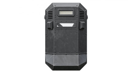 Police tactical riot shield with flashlight and transparent window on white background