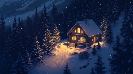Fototapeta premium A cozy log cabin nestled in a snowy mountain forest at night.