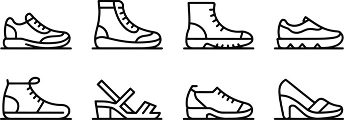 Obraz premium A minimalist illustration of various types of footwear including sneakers boots sandals and heels on white