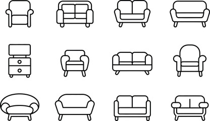 A collection of twelve furniture icons including sofas armchairs and a bedside table in black outline