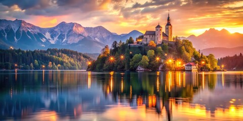 Fototapeta premium Bled Castle's dramatic night view: picturesque scenery, alpine lake, magical sunset. Bokeh-enhanced fairytale.
