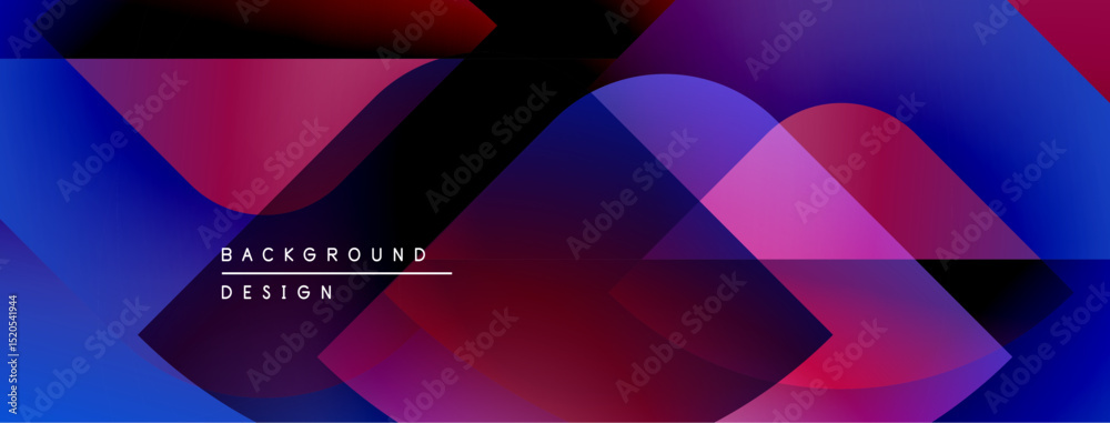 Poster abstract geometric shapes overlap, creating vibrant blue, pink gradients. modern design elements sug