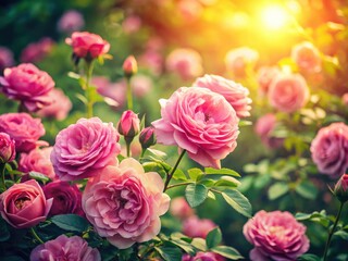 Blooming pink roses fill a vintage garden, their romantic beauty captured in stunning floral photography.