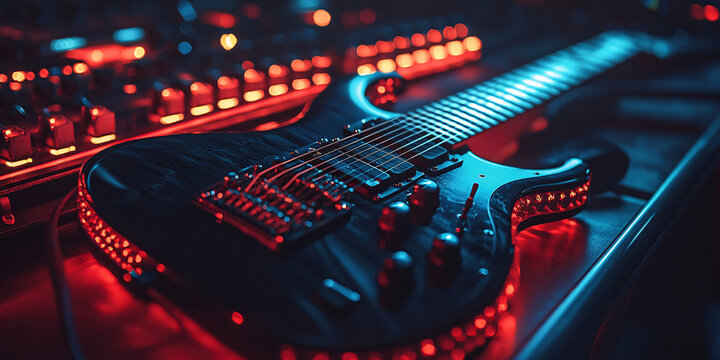 Close-up of an electric guitar illuminated with red and blue lights.