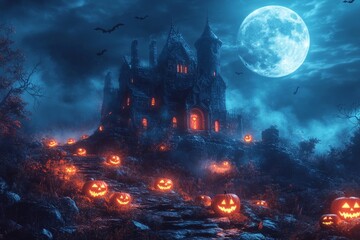 Naklejka premium Spooky Halloween Castle on Hilltop with Jack-o'-lanterns and Bats under Full Moon