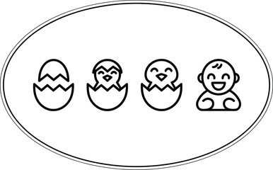 A simple line drawing showing the stages of hatching from an egg to a baby inside an oval frame