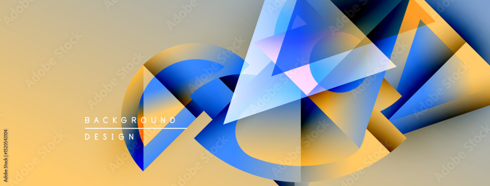 Poster Abstract geometric shapes overlap, creating dynamic colorful composition. Gradient background enhances visual depth, modern design aesthetic.