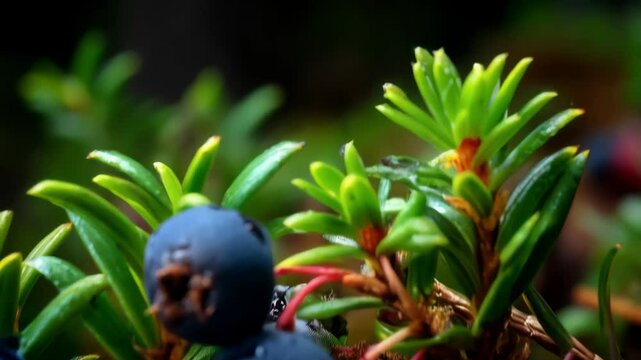 Close-up of plump, dark blue crowberries and cranberry with fresh green leaves growing in their natural habitat, mossy ground, wet from the rain