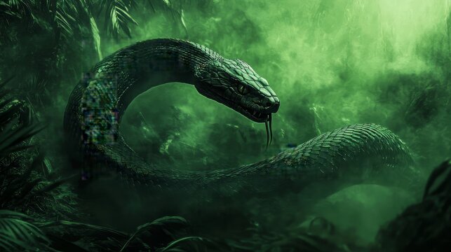 A fierce black mamba, cinematic style, coiled and ready to strike, dramatic green lighting, in a dense jungle with mist