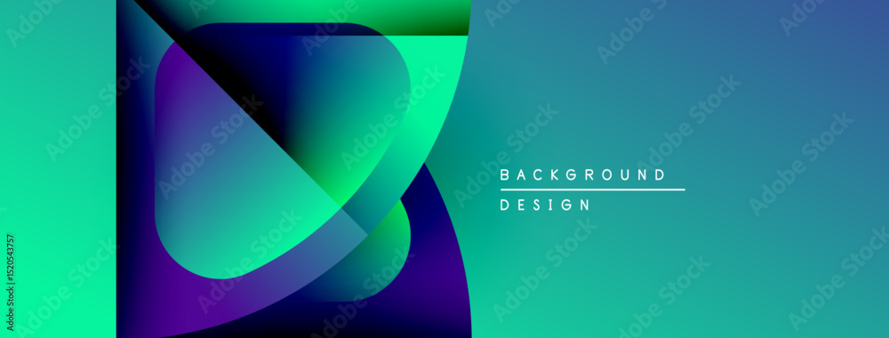 Poster Abstract gradient shapes overlap, creating dynamic visual effect. Teal, blue, purple hues dominate composition. Minimalist text present.