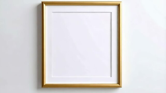 Elegant golden picture frame with white mount hung against a clean white wall, ready for artwork display, stylish home decor background