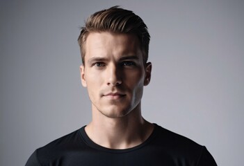 Obraz premium a man posing for the camera with a serious expression. he has short hair and is wearing a dark top. the background is neutral, providing no additional context or distraction from the subject.
