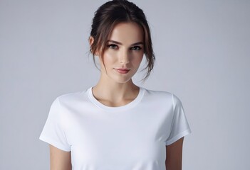 Fototapeta premium a woman wearing a white t shirt, standing against a plain background. she has her hair styled up and is looking directly at the camera with a slight smile