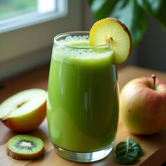 Making Green Smoothie with Apple and Kiwi in Glass