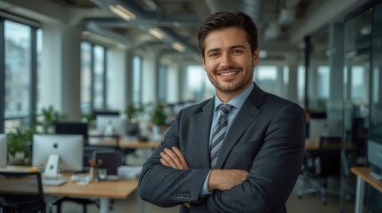 Fototapeta premium Successful businessman posing in bright ofice background