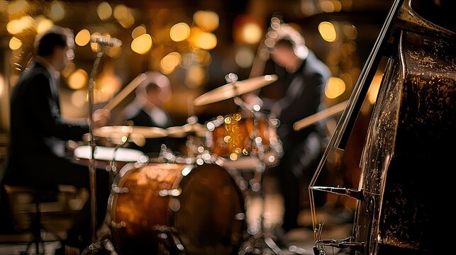 Jazz musicians performing in a dimly lit venue.