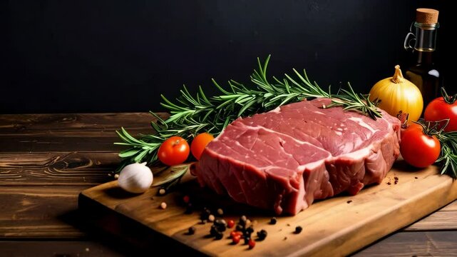 Prime cut of raw beef on wooden board surrounded by rosemary, tomatoes, garlic and spices for gourmet cooking
