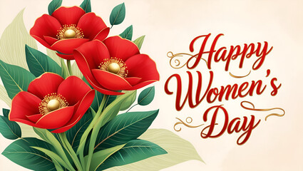 Vector illustration of 8 March background with red flowers, perfect for a Happy Women's Day greeting card design.
