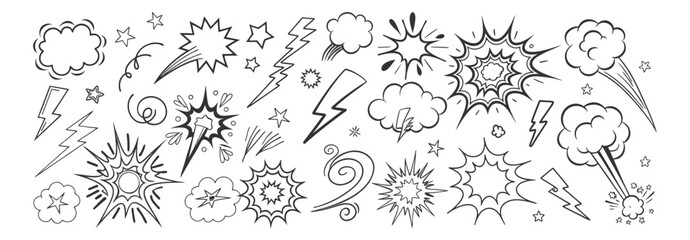Comic boom cartoon effect line element set. Comic speech bubble pow, boom text, explosive splash smoke, wow cartoon vector icon. Hand drawn sketch doodle explosive element. Vector illustration. EPS