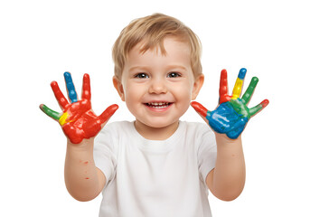 Happy toddler boy with paint-covered hands showing colorful palms and cheerful yellow smile, isolated on white or transparent background. PNG