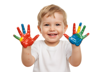 Happy toddler boy with paint-covered hands showing colorful palms and cheerful yellow smile, isolated on white or transparent background. PNG