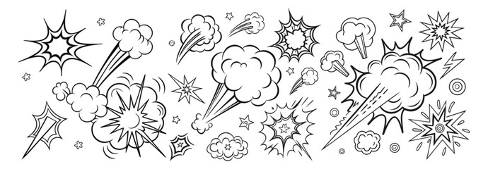 Comic boom cartoon effect line element set. Comic speech bubble pow, boom text, explosive splash smoke, wow cartoon vector icon. Hand drawn sketch doodle explosive element. Vector illustration. EPS