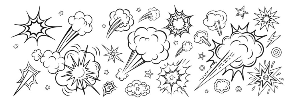 Comic boom cartoon effect line element set. Comic speech bubble pow, boom text, explosive splash smoke, wow cartoon vector icon. Hand drawn sketch doodle explosive element. Vector illustration. EPS