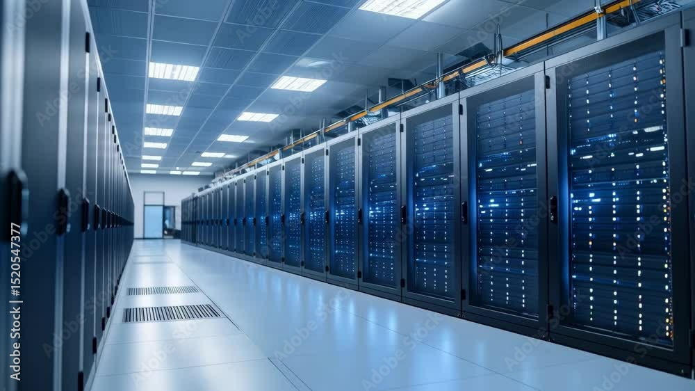 Poster data center with rows of server racks, showcasing technology infrastructure in blue light and precis