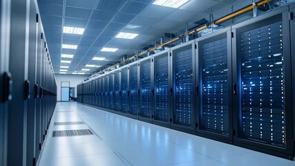 Data center with rows of server racks, showcasing technology infrastructure in blue light and precise, high-performance computing for IT solutions. - Powered by Adobe
