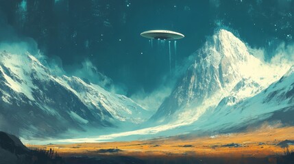 Ufo Over Snowy Mountains At Night