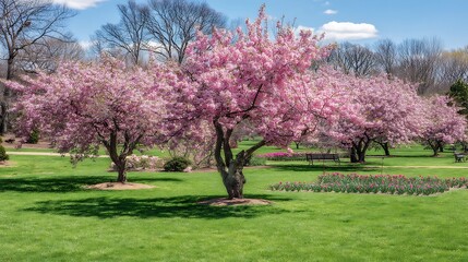 Pink blossoms in spring park landscape