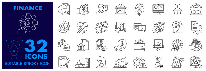 Finance Icon. Money, payments, Wallet, Investment, Gold, Percentage, Stock, Loan, bank, Customer Care and more. Editable Stroke Icon